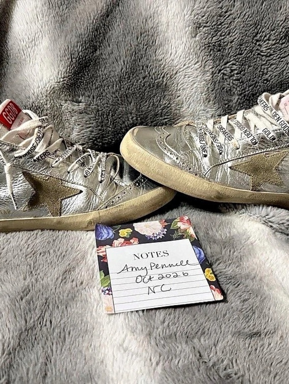 Golden Goose Mid Star silver laminated leather with dove gray star Logo laces 39